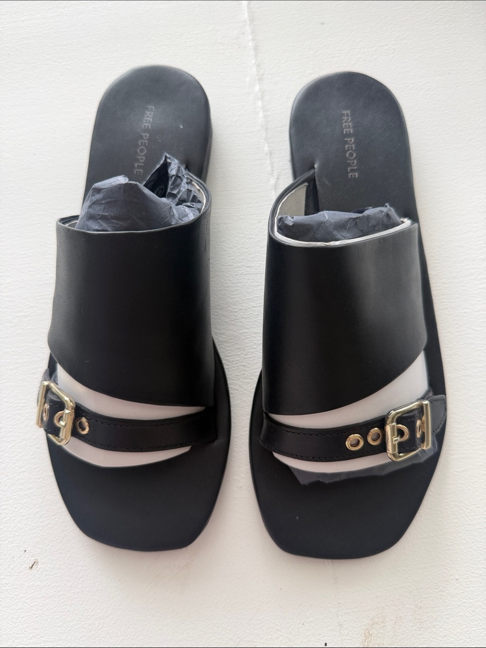 Woman’s Free People Black Leather Slide Sandals with Gold Buckle, Size 7 NWT